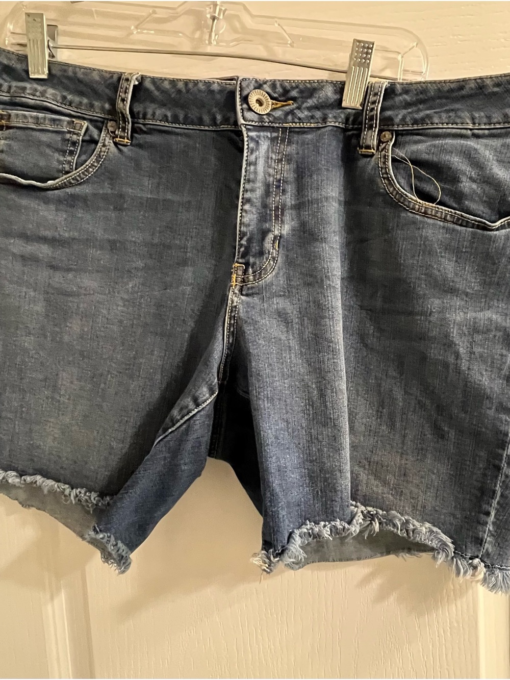 CAbi Medium Blue Denim Cutoff Shorts with Frayed Hem